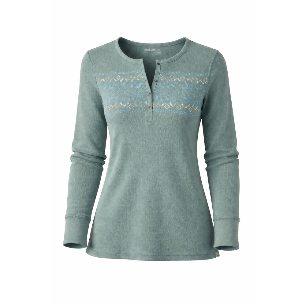 Eddie Bauer Nordic Henley Top Women XL Green Soft Waffle Fair Isle Geometric